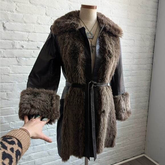 70s Vintage Black Brown Leather Penny Lane Coat Faux Fur Groovy Boho Moto Jacket - Picture 7 of 13